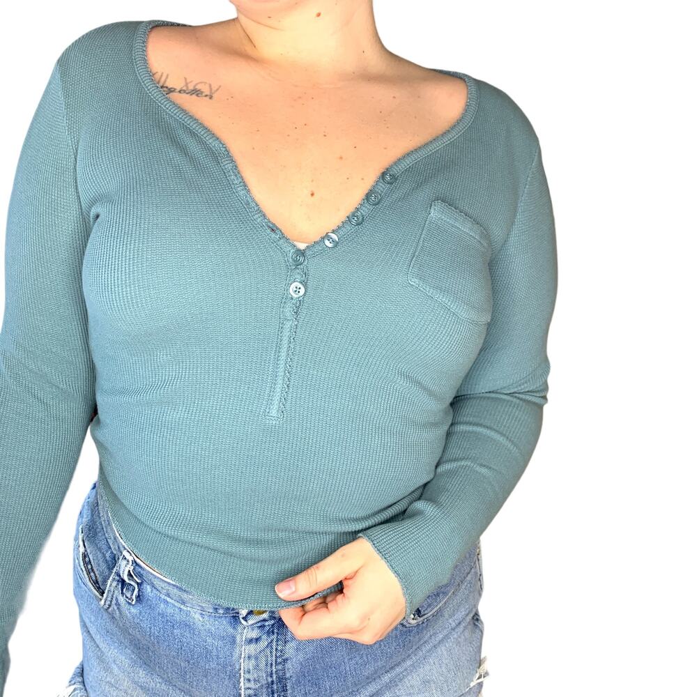 Sundance Dusty Blue Teal V Neck Henley Thermal Waffle Knit Long Sleeve Small